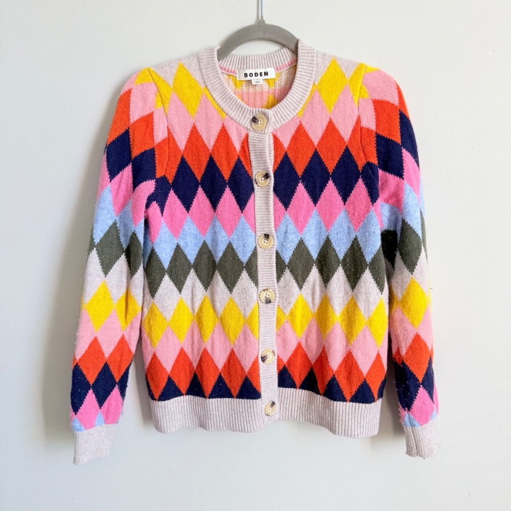 Boden Womens Argyle Cardigan Sweater Multicolor Wool Alpaca Blend Size Small